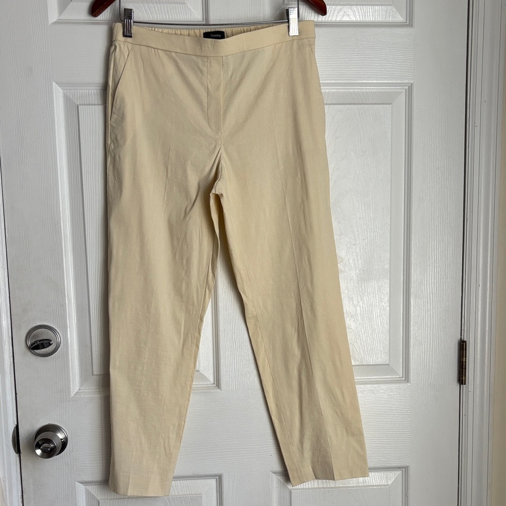 THEORY Tan linen viscose pants pull on elastic waistband size 8 dress pants